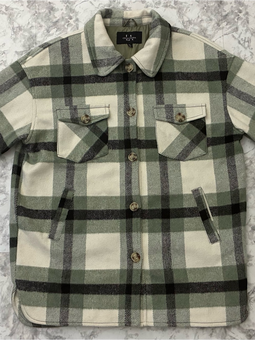Coalition LA Plaid Shacket Sage Green Women’s Size Medium